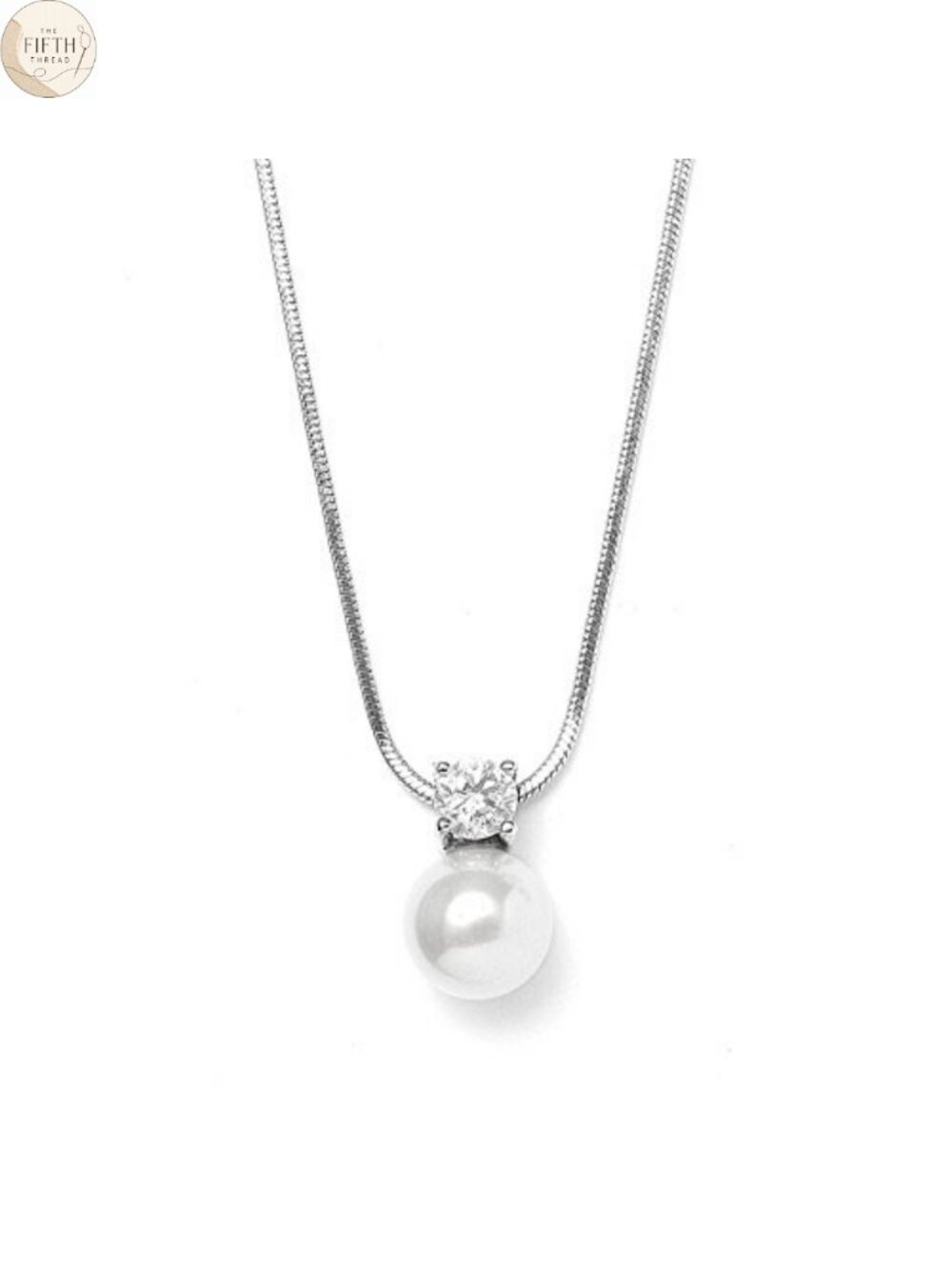 White Pearl Solitaire Pendant Necklace with Cubic Zirconia in Silver Rhodium
